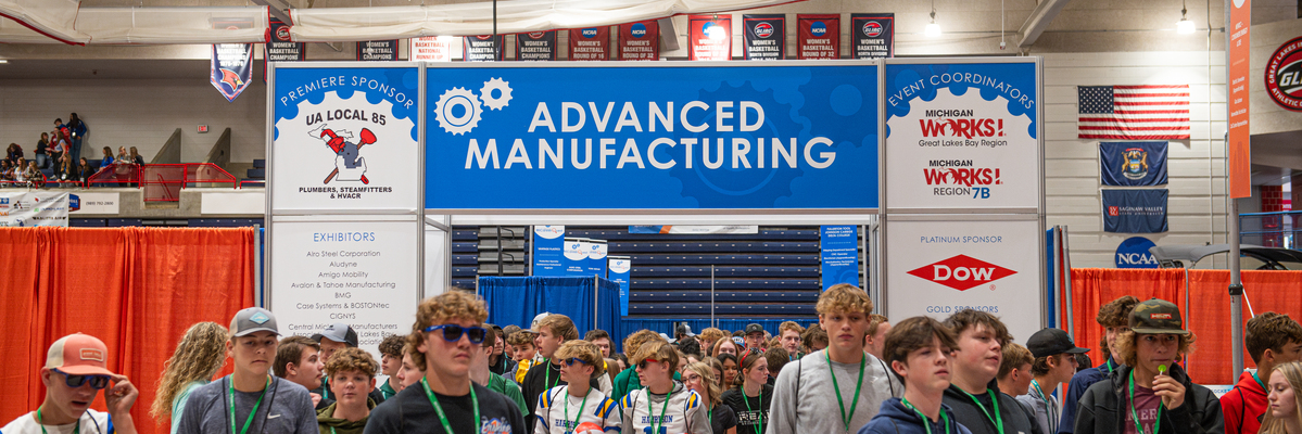 Students walking around a trade show